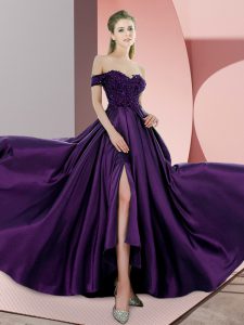 Eye-catching Off The Shoulder Sleeveless Homecoming Dress Sweep Train Beading and Lace Purple Elastic Woven Satin