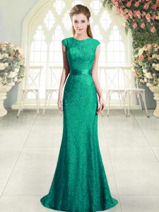 Stunning Turquoise Mermaid Scoop Cap Sleeves Beading and Lace Backless Prom Evening Gown Sweep Train