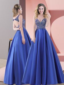 Custom Designed Blue Straps Backless Beading Prom Dress Sweep Train Sleeveless