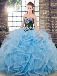 Smart Baby Blue Tulle Lace Up Ball Gown Prom Dress Sleeveless Sweep Train Embroidery