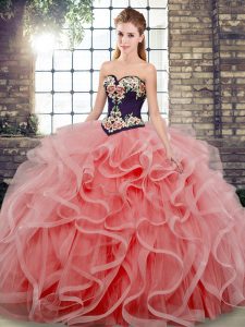 Watermelon Red Sweet 16 Dresses Military Ball and Sweet 16 and Quinceanera with Embroidery and Ruffles Sweetheart Sleeve