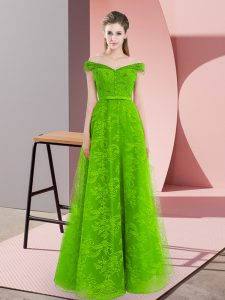Green Lace Up Off The Shoulder Beading Prom Evening Gown Tulle Sleeveless