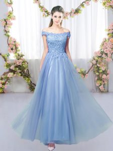 Empire Bridesmaid Dress Blue Off The Shoulder Tulle Sleeveless Floor Length Lace Up