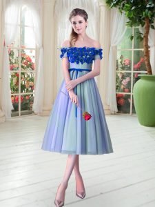 Blue Prom Party Dress Prom and Party with Appliques Off The Shoulder Sleeveless Lace Up