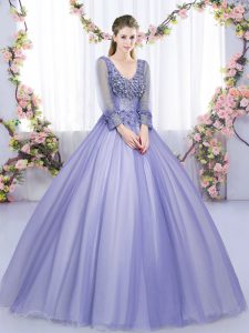 Glittering Long Sleeves Floor Length Lace and Appliques Lace Up Ball Gown Prom Dress with Lavender