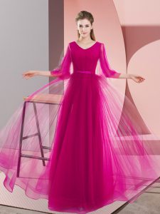 Eye-catching Pink and Fuchsia A-line Tulle V-neck Long Sleeves Beading Floor Length Zipper Prom Dresses