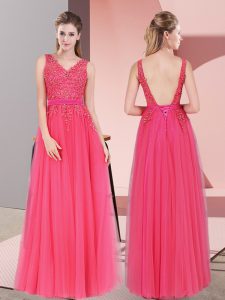 Delicate Hot Pink Tulle Backless V-neck Sleeveless Floor Length Homecoming Dress Lace