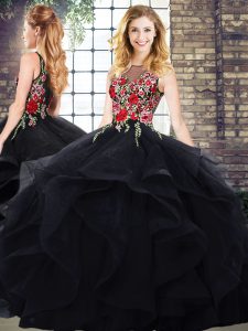 Suitable Sleeveless Floor Length Zipper 15th Birthday Dress in Black with Embroidery and Ruffles