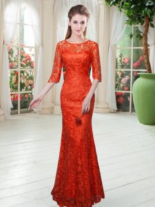 Orange Red Zipper Homecoming Dress Half Sleeves Floor Length Lace