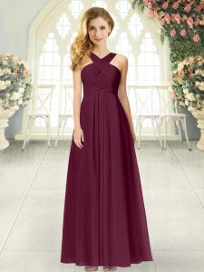 Hot Sale Burgundy Sleeveless Floor Length Ruching Zipper Prom Gown