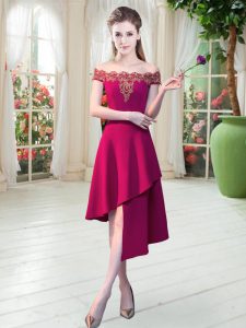 Elegant Asymmetrical Zipper Prom Dresses Wine Red for Prom and Party with Appliques