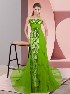 Stylish Beading and Lace Prom Dress Green Zipper Sleeveless Sweep Train