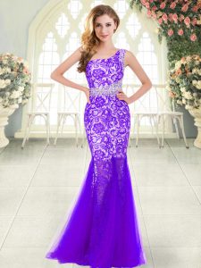 Gorgeous Purple Mermaid One Shoulder Sleeveless Tulle Floor Length Zipper Beading and Lace Going Out Dresses