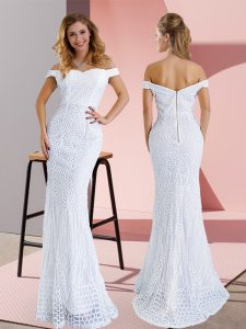 White Prom Evening Gown Prom and Party with Ruching Off The Shoulder Sleeveless Sweep Train Zipper