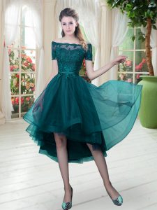 Flirting Peacock Green A-line Off The Shoulder Short Sleeves Tulle High Low Lace Up Lace Prom Evening Gown