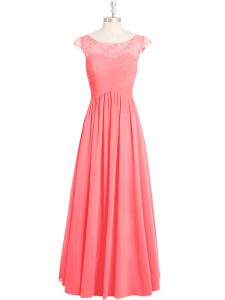 Amazing A-line Dress for Prom Pink Scoop Chiffon Cap Sleeves Floor Length Zipper