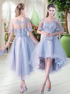 Fabulous Off The Shoulder Half Sleeves Lace Up Prom Dress Light Blue Tulle