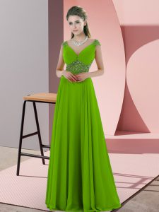 Green V-neck Neckline Beading Prom Evening Gown Sleeveless Backless