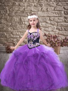 Custom Design Purple Sleeveless Floor Length Embroidery and Ruffles Lace Up Little Girls Pageant Gowns