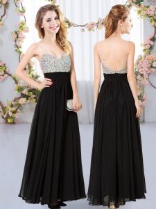 Black Sleeveless Floor Length Beading Backless Court Dresses for Sweet 16