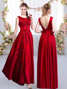 Scoop Sleeveless Satin Bridesmaid Dresses Beading and Appliques Backless