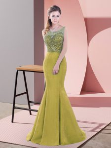 Olive Green Evening Dress Prom and Party with Beading and Lace Scoop Sleeveless Sweep Train Backless