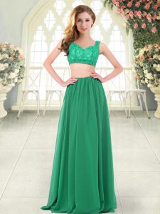 Sleeveless Chiffon Floor Length Zipper Evening Outfits in Green with Beading and Lace