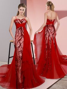 Beading and Lace Prom Evening Gown Red Lace Up Sleeveless Sweep Train