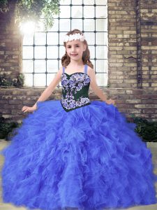 Excellent Blue Sleeveless Floor Length Embroidery and Ruffles Lace Up Girls Pageant Dresses
