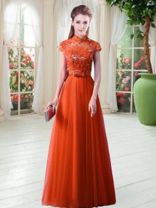 Delicate Orange Red A-line High-neck Cap Sleeves Tulle Floor Length Lace Up Appliques