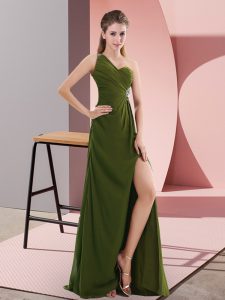Top Selling Empire Evening Dress Olive Green One Shoulder Chiffon Sleeveless Floor Length Backless