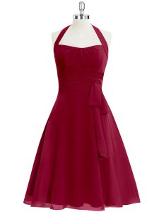 Wine Red Zipper Halter Top Ruching Evening Dress Chiffon Sleeveless