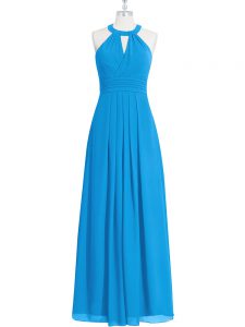Stylish Blue Chiffon Zipper Prom Dress Sleeveless Floor Length Ruching