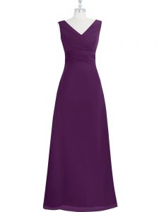 Floor Length Eggplant Purple Prom Party Dress V-neck Sleeveless Zipper