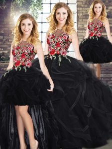 Black Sleeveless Floor Length Embroidery and Ruffles Zipper Sweet 16 Dress