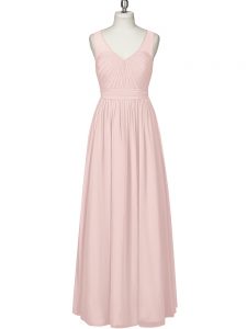 Pink Empire Chiffon V-neck Sleeveless Ruching Floor Length Zipper Homecoming Dress
