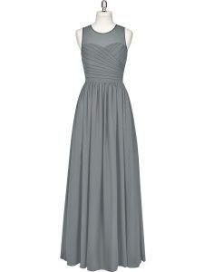 Scoop Sleeveless Dress for Prom Floor Length Ruching Grey Chiffon