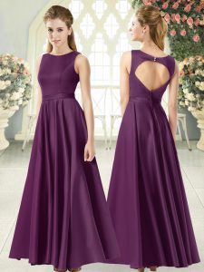 Suitable Purple Empire Scoop Sleeveless Satin Floor Length Backless Ruching Dress for Prom