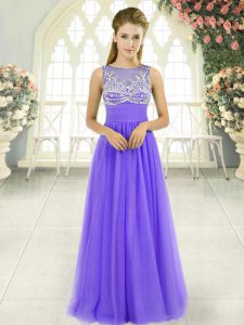 Lovely Floor Length Lavender Prom Gown Tulle Sleeveless Beading
