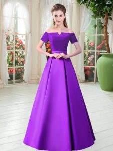 Off The Shoulder Short Sleeves Prom Evening Gown Floor Length Belt Purple Satin