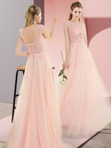 Floor Length Lace Up Evening Dress Pink for Prom and Party and Military Ball with Beading and Lace and Appliques