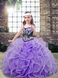 Beautiful Floor Length Lace Up Child Pageant Dress Lavender for Party and Wedding Party with Embroidery and Ruffles