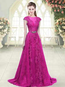 Superior Fuchsia Zipper Evening Dress Lace and Appliques Cap Sleeves Sweep Train
