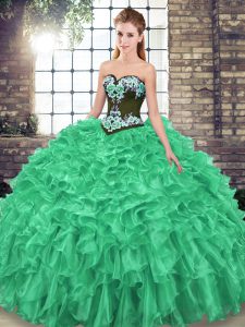 Discount Green Sleeveless Organza Sweep Train Lace Up Quinceanera Gowns for Military Ball and Sweet 16 and Quinceanera