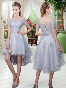 A-line Homecoming Dress Grey Off The Shoulder Tulle Short Sleeves High Low Lace Up