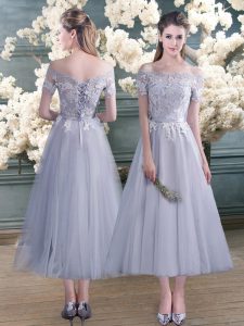 Edgy Grey Short Sleeves Tulle Lace Up Prom Party Dress for Prom and Party