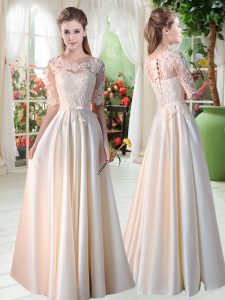 Champagne Satin Lace Up Scalloped Half Sleeves Floor Length Homecoming Dress Lace