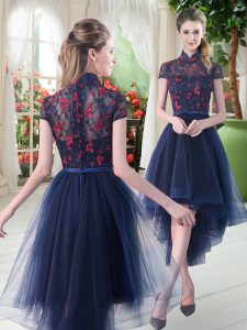 High End High-neck Short Sleeves Prom Dresses High Low Lace Navy Blue Tulle