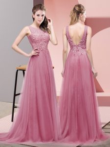 Pink Empire Tulle Scoop Sleeveless Lace Lace Up Dress for Prom Sweep Train