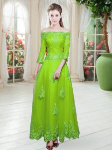 Floor Length Dress for Prom Tulle 3 4 Length Sleeve Lace